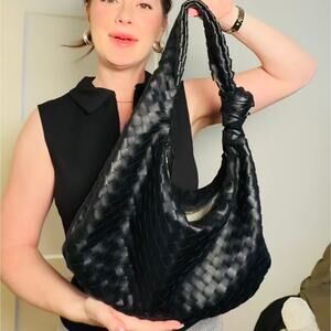 NEW Black Woven Shoulder Bag Purse Summer Beach Tote with Side Knot